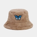 Detail of blue butterfly embroidery on thick plush camel winter bucket hat texture - Khaki