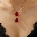 Elegant red teardrop pendant necklaces in black cord and silver chain for women - Red Teardrop Gemstone Layered Necklace Set