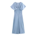 Elegant light blue satin midi dress with V-neckline and flutter sleeves on white background - XS / Light Blue