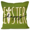 Green Happy Easter throw pillow cover with white carrot print and linen texture - Happy Easter Carrot Green