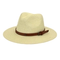 Detail of light beige straw fedora hat with a brown faux leather belt and metal buckle - M (56-58cm) / Cream
