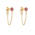 Gold flower earrings with pink zircons and drop chain tassels on a white background - Rose Red Zircon/Back-hanging