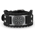 Black leather wide bracelet featuring a metallic Viking Vegvisir compass charm and clasp - Black Leather + Silver (Vegvisir)