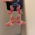 Detailed macro view of pink butterfly earrings with crystals and silver needle studs - Gold Pink Rhinestone Butterfly (18# Silver Needle)