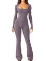 Slim fit purple square neck long sleeve jumpsuit with flare legs and high elasticity - S / Gray