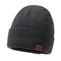 Zwarte gebreide muts met verticale ribbels en bruin lederen Classic Sport-patch - donkergrijs