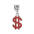 Detailed view of silver dollar sign charm with sparkling red crystals for bracelets - 35-Dollar Sign