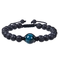 Detail of adjustable braided cord with 12mm blue tiger eye and black lava stone beads - Blue Tiger Eye Bracelet