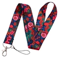 Floral polyester phone lanyard with red and blue flower pattern and silver metal hook - KP204-11 Vibrant Floral Lanyard