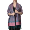 Close-up of pink and teal paisley jacquard shawl with soft cashmere feel and fringe detail - Pink and Cyan (T003-55)