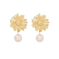 Elegant gold sunflower earrings featuring white pearl drops on a clean white background - 1# Sunflower