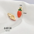 Detailed size view of two carrot charms with orange enamel and gold finish on white fabric - 4481# Carrot
