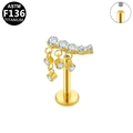 Golden G23 titanium labret stud with dangling cubic zirconia gems and flat back base - Gold Multi-Zirconia Dangle (G23LAI204-G)