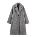Cappotto lungo in lana spina di pesce grigio da donna con doppio petto e revers - S / Grigio