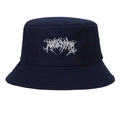 Close-up of white Gothic embroidery on a vintage washed dark blue cotton bucket hat - One Size / Navy Blue