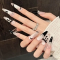 Französische Cat-Eye Stiletto Kunstnägel mit 3D-Schwarzen Schleifen und Strasssteinen - XS / 3107-Stiletto-Form