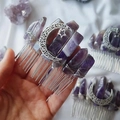 Natural amethyst crystal crown hair comb with silver moon and star metal ornaments - Amethyst 20 Teeth Hair Comb