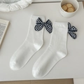 Japanese style white cotton socks with blue checkered bow and soft ribbed texture - One Size / Moonlight White