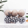 Set of 6 Christmas fabric foam balls with brown burlap and black white buffalo plaid - 8cm Style 11 (Linen/Black White Plaid Boxed)