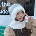 Cozy thick knit hat and scarf set in white and light gray for winter ear protection - White