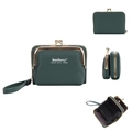 Dark green pebbled leather mini wallet with metal clasp and accordion card slots - Green