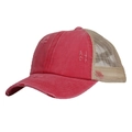 Distressed red and khaki ponytail trucker hat with mesh back and vintage torn style - Red with Beige Mesh