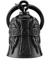 Gothic black steel motorcycle guardian bell with carved cross and feather wings - Black Angel Cross + Key Ring