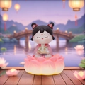 Cartoon Tang Dynasty lady figure sitting on a pink lotus base with a warm ancient background - 1213-13 Painting - Lotus Base Figurine