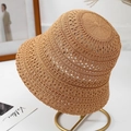 Women's hollow knit khaki sun bucket hat with breathable mesh on gold display stand - One Size / Khaki