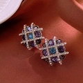 Vintage grid square stud earrings with sea blue and purple crystal gemstones - 36# Vintage Plaid Aquamarine - Silver-Purple