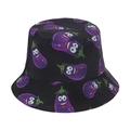 Detail of funny cartoon eggplant pattern on black cotton bucket hat with facial expressions - Black Eggplant (I)