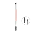 Double-ended pink eyebrow brush featuring an angled brush head and a spiral spoolie - Pink Handle Silver Tube