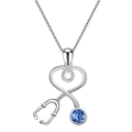 Silver stethoscope heart necklace with deep blue gemstone pendant on box chain - White Gold