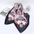 Carriage chain print satin square scarf with pink and navy patterns for women 90x90cm - 90*90cm / Navy Blue