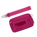 Macro view of magenta nylon wristlet wallet showing ID window and card slots - Card Slot Version Magenta