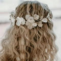 Handmade bridal gold flower headband and earring set shown on model with elegant hairstyle - Style 1 Single Headpiece / Silver
