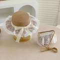 Detail of summer straw hat and matching bag set with white lace borders and bows - 52cm 2-5 Years Old / Khaki Set