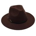 Macro detail of dark brown felt fedora hat with black leather strap and gold buckle - One Size / Coffee (Single Band)
