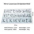 Silicone alphabet mold showing dimensions of 26 lowercase letters for DIY resin crafts - Mirror Lowercase Letters (265-1)