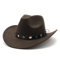 Detail view of a dark brown felt cowboy hat with a studded leather band on white background - M (56-58cm) / Brown