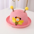 Pink kids straw sun hat with cute cartoon bee 3D decoration and yellow pom-poms - Hat Only / Watermelon red