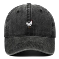 Washed dark grey denim baseball cap with white rooster embroidery and vintage distressed finish - Black