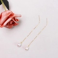 Elegant white freshwater pearl long drop earrings with minimalist gold chains for women - Rice Pearl Style (B7706)
