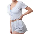 Women's light blue knit pajama set with hollow out pattern and ruffle trim detailing - S / Light Blue
