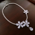 Luxurious silver flower necklace with teardrop crystals on wood background - Silver Flower Necklace (152#)