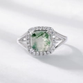 Anillo de plata S925 con ágata musgo verde cuadrada y engaste de diamantes halo - Ajustable HK12# / Oro Blanco Plata Gruesa