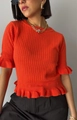 Close-up of bright orange knit top showing intricate hollow texture and ruffle edge details - S / Orange Red
