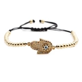 Adjustable Hamsa Hand bracelet with gold beads and multicolored zircon devil eye charm - Black Rope with Copper Beads