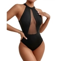 Sexy schwarzer Einteiler Badeanzug mit Mesh-Ausschnitt, Neckholder und rückenfreiem Design - S / Schwarz