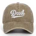 Close-up of vintage washed cotton baseball cap with white embroidered Dad lettering - Khaki (Dad)